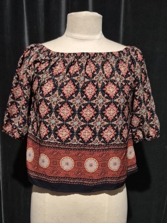 a'gaci Tops - a'gaci Coral and Navy Off-Shoulder Boho Blouse(box C)